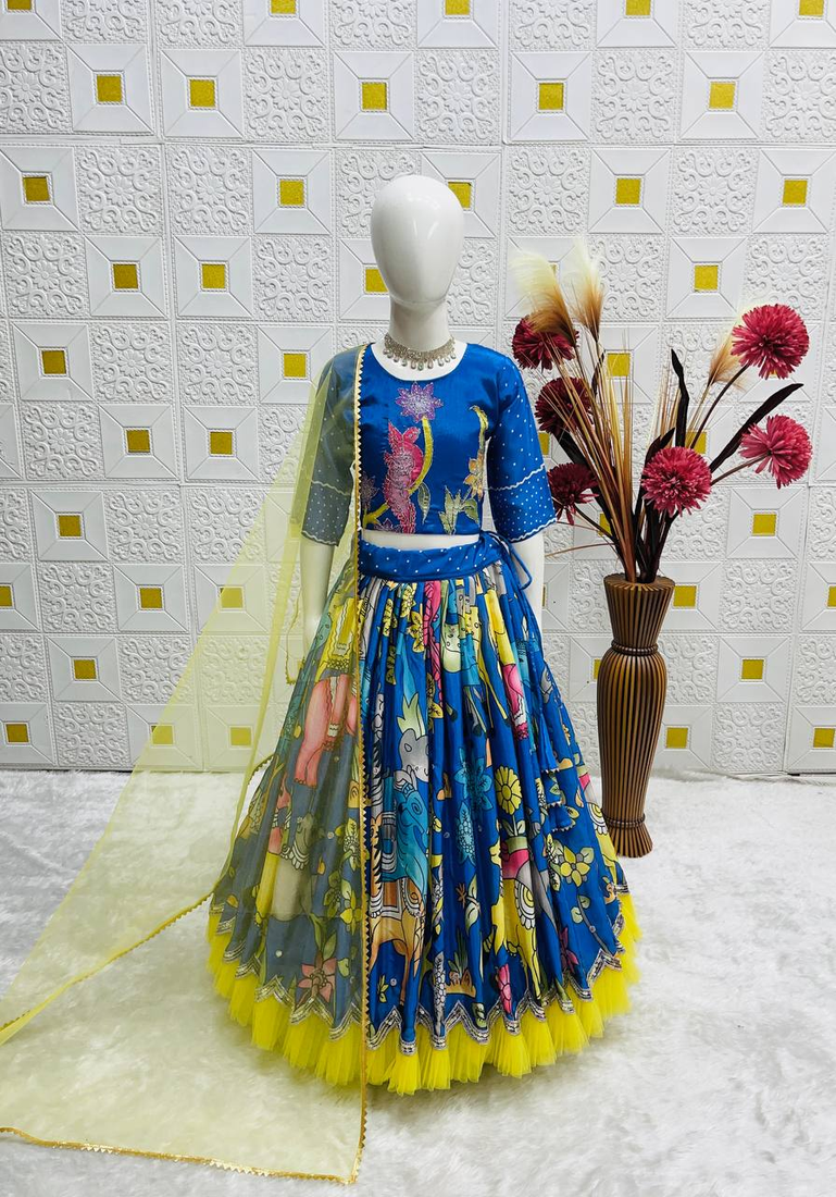 blue heavy chinon silk with print embroidery work - designer party wear