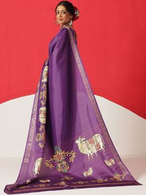 Purple printed art silk ethnic saree with blouse piece 3