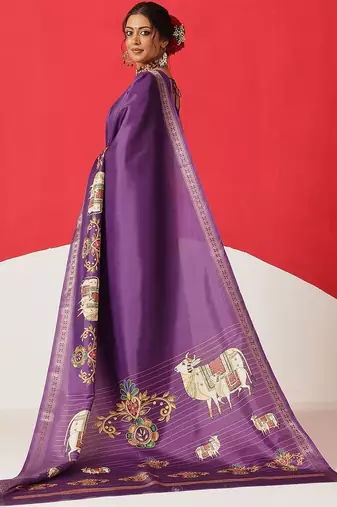 Purple printed art silk ethnic saree with blouse piece