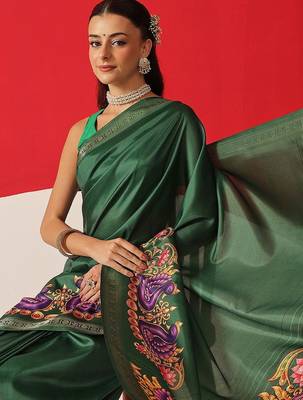 Green printed art silk ethnic saree with blouse piece 3
