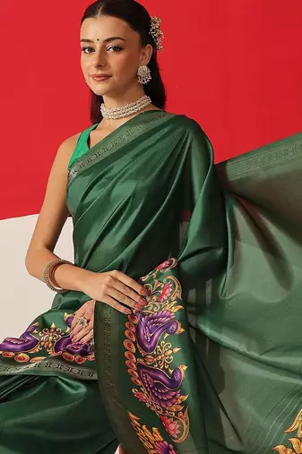 Green printed art silk ethnic saree with blouse piece