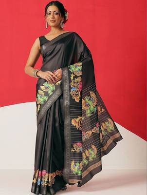 Black printed art silk ethnic saree with blouse piece 2