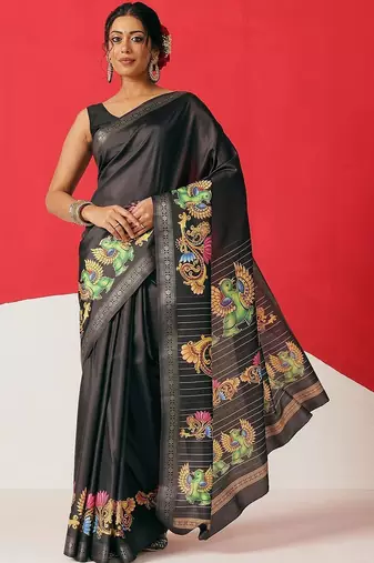 Black printed art silk ethnic saree with blouse piece