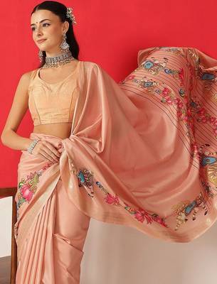 Peach printed art silk ethnic saree with blouse piece 3