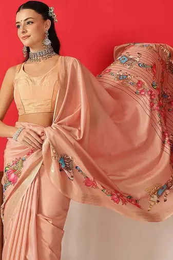 Peach printed art silk ethnic saree with blouse piece