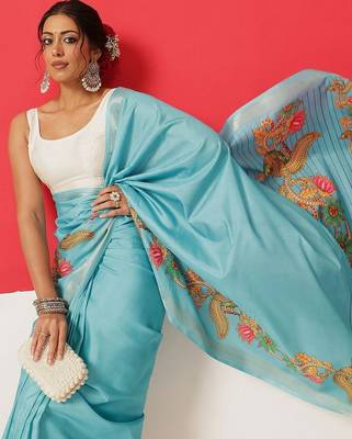 Blue printed art silk ethnic saree with blouse piece 2