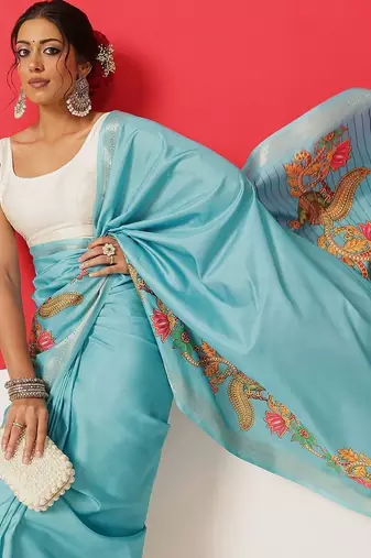 Blue printed art silk ethnic saree with blouse piece