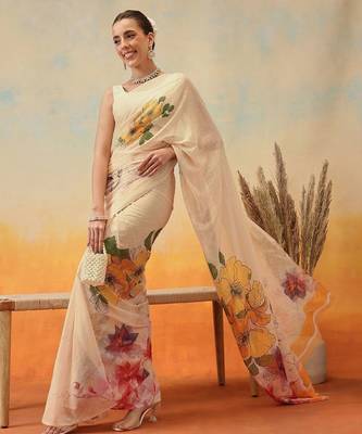 Cream floral printed chiffon party wear saree with blouse piece 3