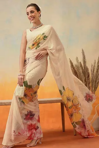 Cream floral printed chiffon party wear saree with blouse piece