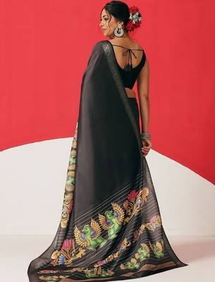 Black printed art silk ethnic saree with blouse piece 3