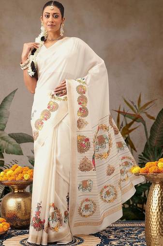 Off white printed art silk ethnic saree with blouse piece