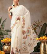 Off white printed art silk ethnic saree with blouse piece