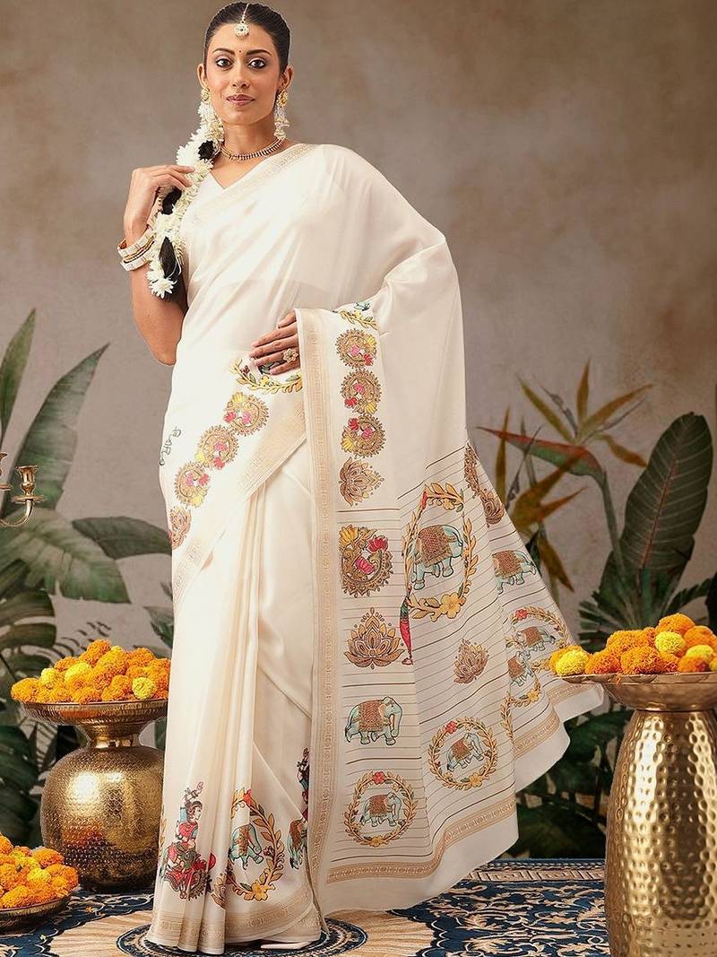 Off white printed art silk ethnic saree with blouse piece