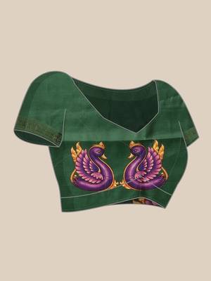 Green printed art silk ethnic saree with blouse piece 4