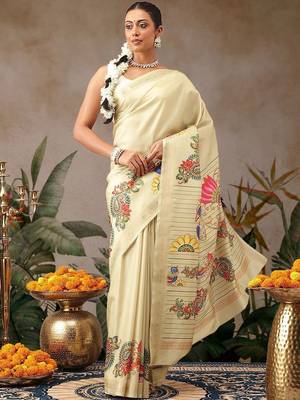 Cream printed art silk ethnic saree with blouse piece 1