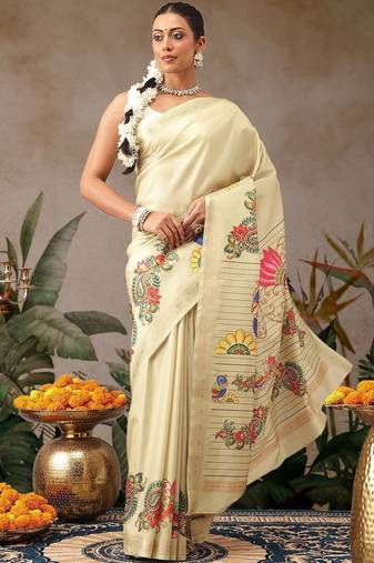 Cream printed art silk ethnic saree with blouse piece