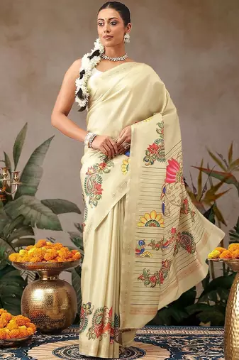 Cream printed art silk ethnic saree with blouse piece