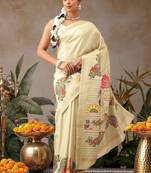 Cream printed art silk ethnic saree with blouse piece