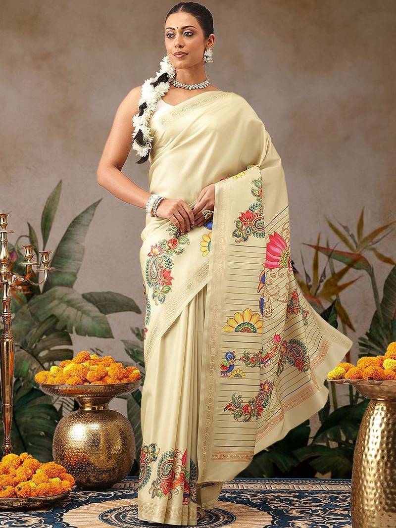 Cream printed art silk ethnic saree with blouse piece