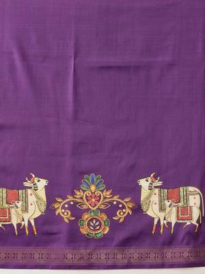 Purple printed art silk ethnic saree with blouse piece 5