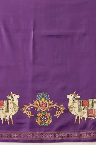 Purple printed art silk ethnic saree with blouse piece