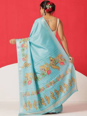 Blue printed art silk ethnic saree with blouse piece 3