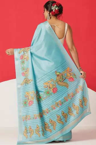 Blue printed art silk ethnic saree with blouse piece