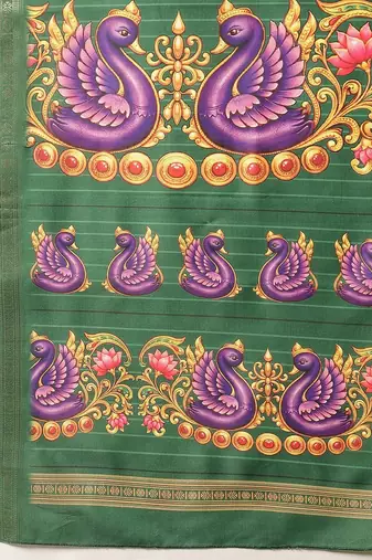 Green printed art silk ethnic saree with blouse piece