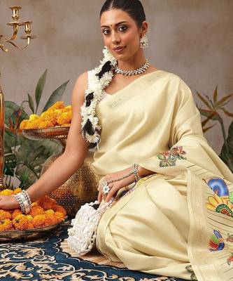 Cream printed art silk ethnic saree with blouse piece 2