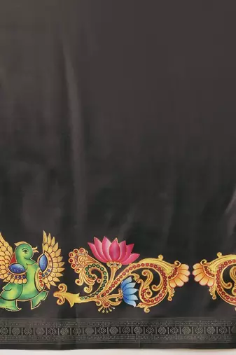 Black printed art silk ethnic saree with blouse piece