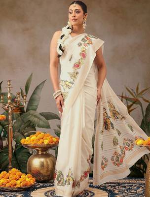 Off white printed art silk ethnic saree with blouse piece 1