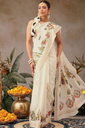 Off white printed art silk ethnic saree with blouse piece