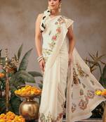 Off white printed art silk ethnic saree with blouse piece