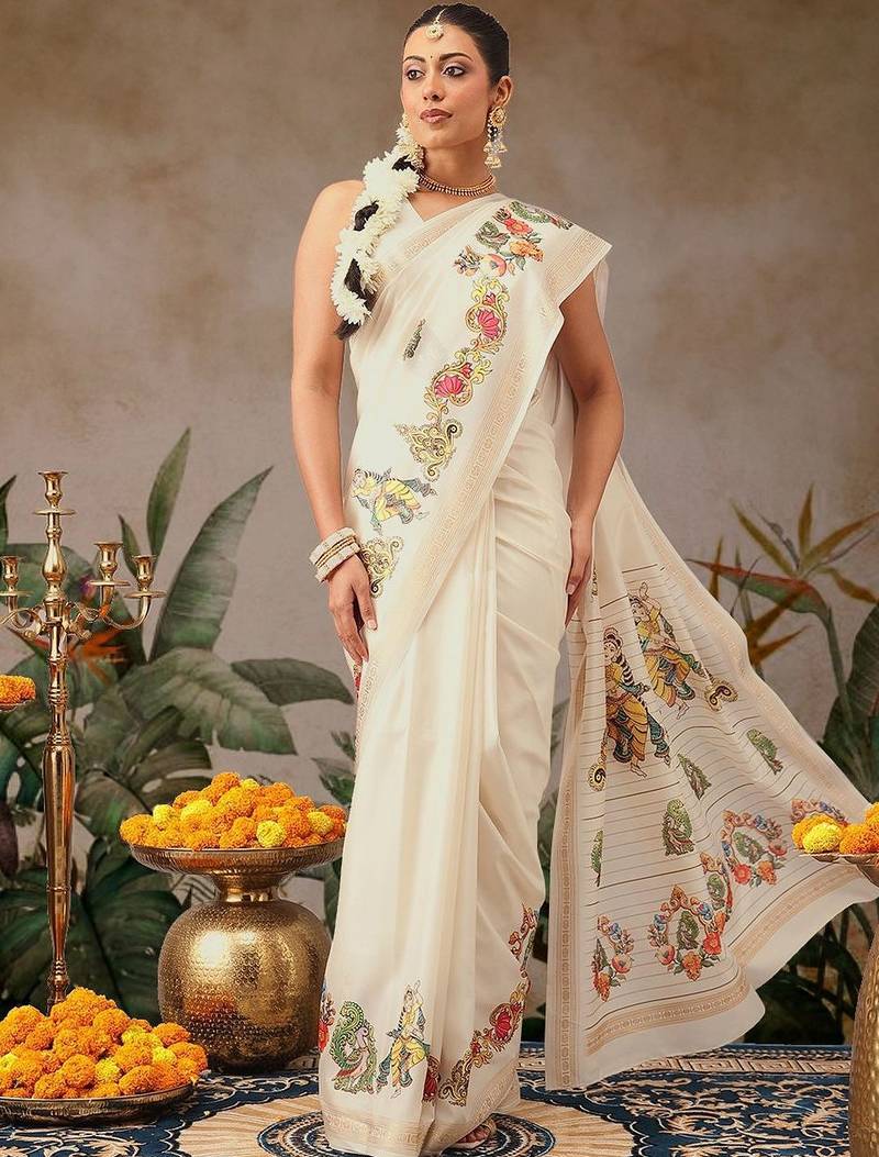 Off white printed art silk ethnic saree with blouse piece
