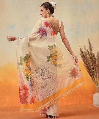 Cream floral printed chiffon party wear saree with blouse piece 4