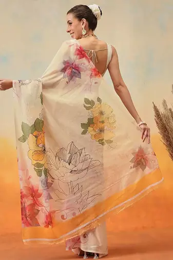 Cream floral printed chiffon party wear saree with blouse piece
