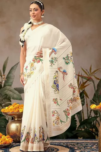 Off white printed art silk ethnic saree with blouse piece