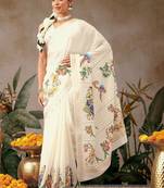 Off white printed art silk ethnic saree with blouse piece