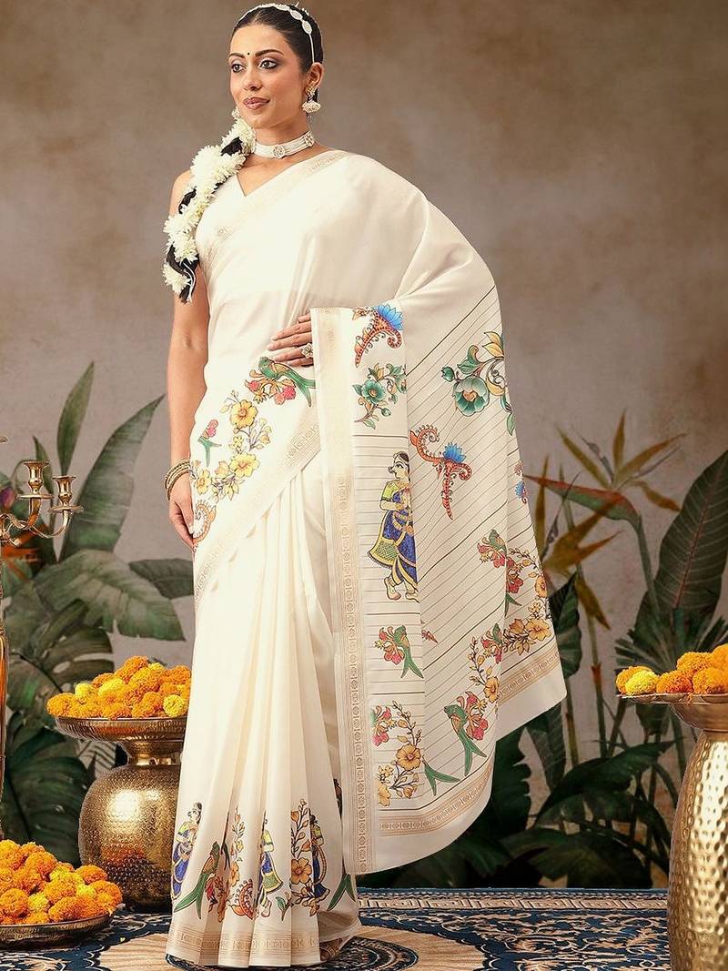 Off white printed art silk ethnic saree with blouse piece