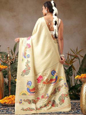 Cream printed art silk ethnic saree with blouse piece 3