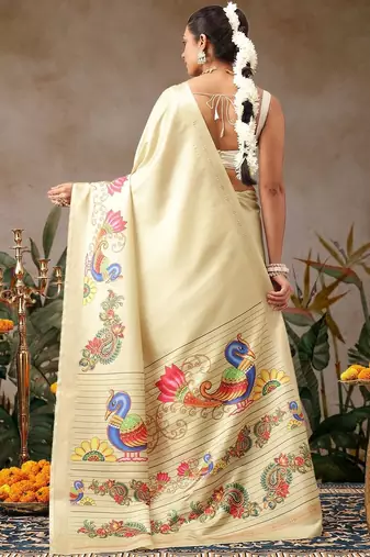Cream printed art silk ethnic saree with blouse piece