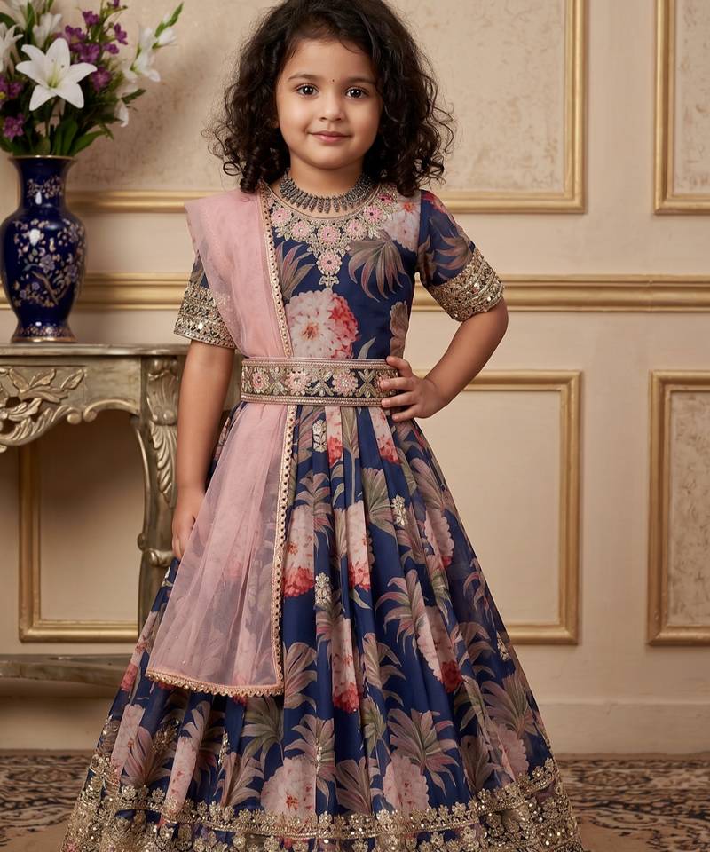 navy blue heavy fox georgette gown set with digital print work with embroidered sequnce work - designer party wear