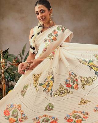 Off white printed art silk ethnic saree with blouse piece 2
