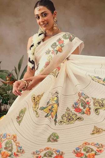 Off white printed art silk ethnic saree with blouse piece