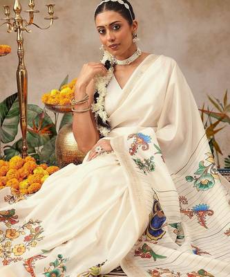 Off white printed art silk ethnic saree with blouse piece 2