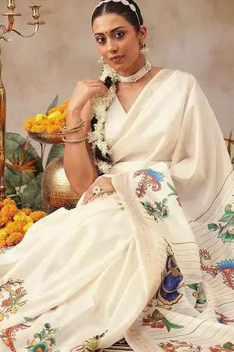 Off white printed art silk ethnic saree with blouse piece
