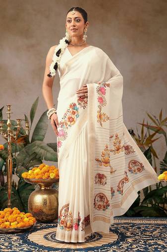 Off white printed art silk ethnic saree with blouse piece