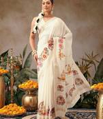Off white printed art silk ethnic saree with blouse piece