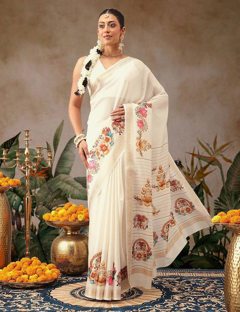 Off white printed art silk ethnic saree with blouse piece