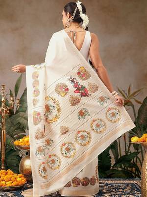 Off white printed art silk ethnic saree with blouse piece 3